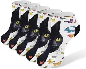 Black Cat Butterfly 5 Pairs Low Cut Ankle Socks for Men Women Athletic Running Socks No Show Breathable