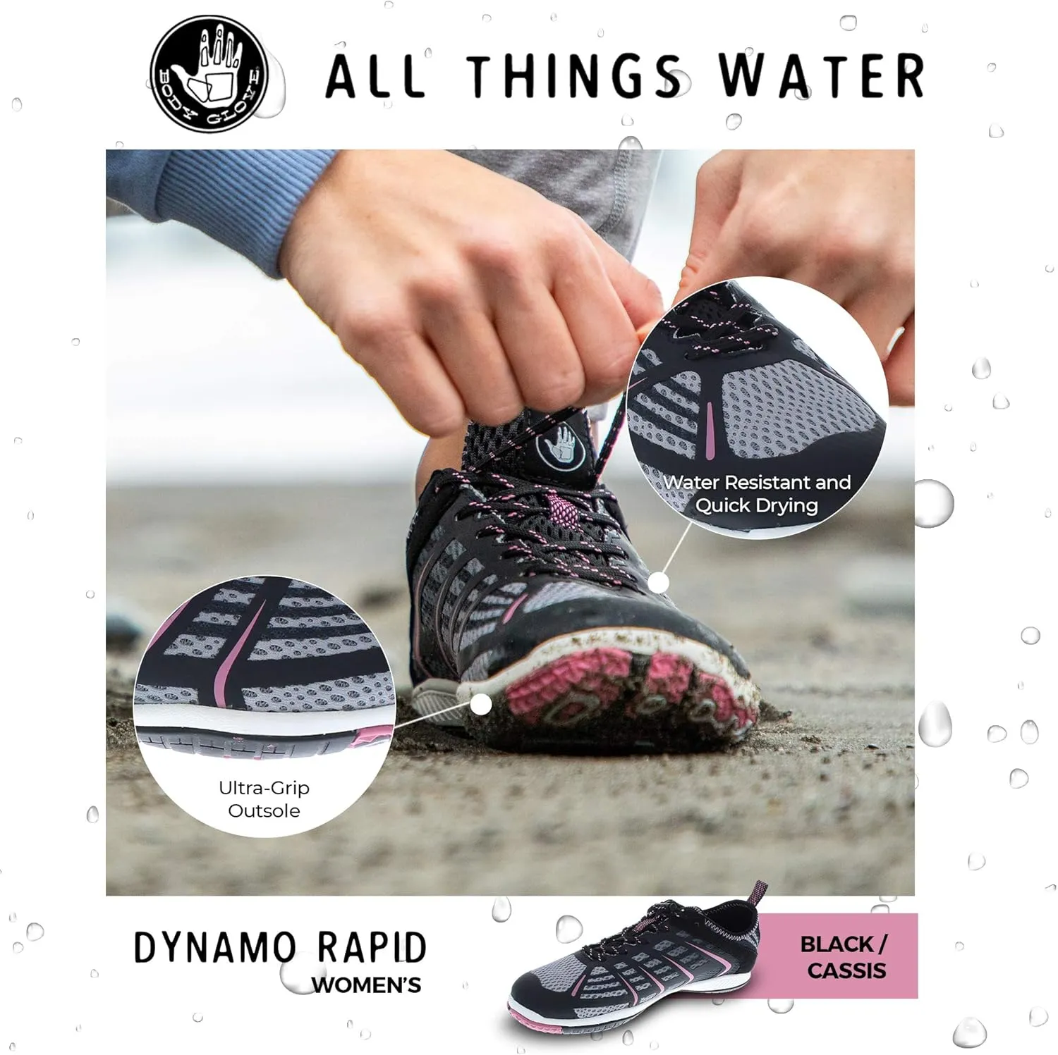 Body Glove Dynamo Rapid Water Shoes for Women, Swimming, Yoga, Beach, Hiking, Kayaking Shoes, Outdoor Sneaker, Hydro Sport Trainers Black and Cassis Pink Water Shoes