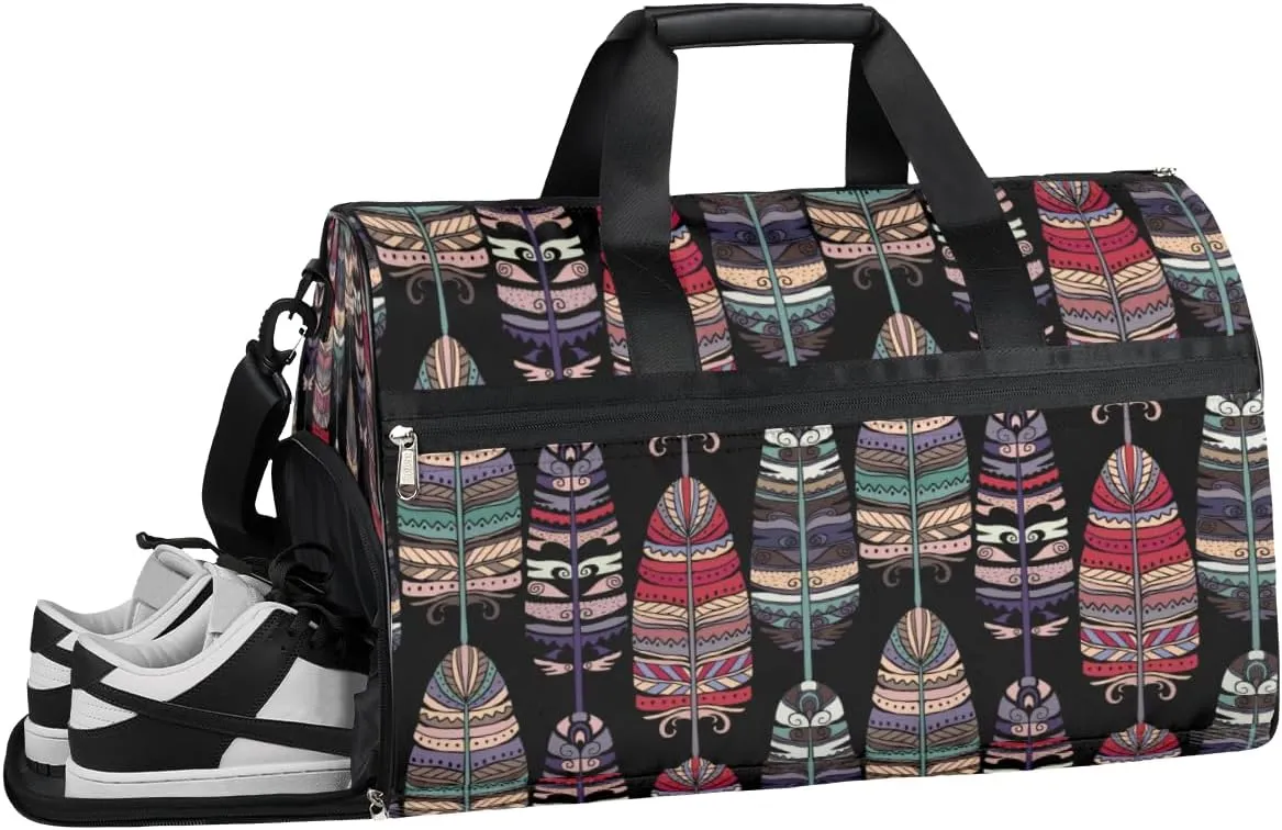 Bohemian Feather Sports Gym Bag with Wet Pocket & Shoes Compartment Waterproof Workout Duffel Bag for Women and Men Weekender Overnight Duffle Bag Travel Carry-on Tote