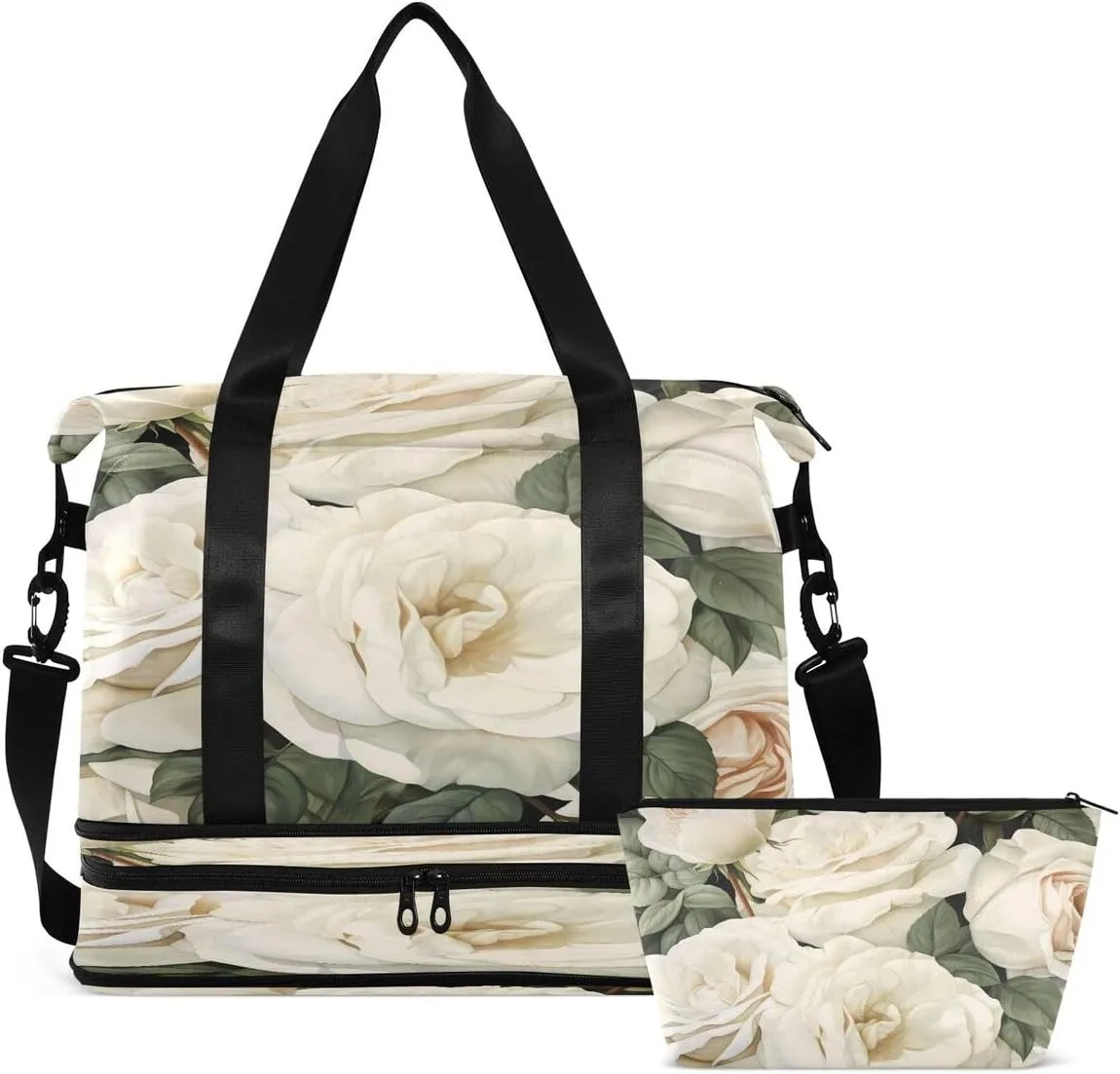 Bolaz Gym Bag Sports Travel Duffel Bag Weekender Overnight Bag with Wet Pocket Shoes Compartment and Toiletry Bag White Rose for Travel, Business,Gym, Yoga