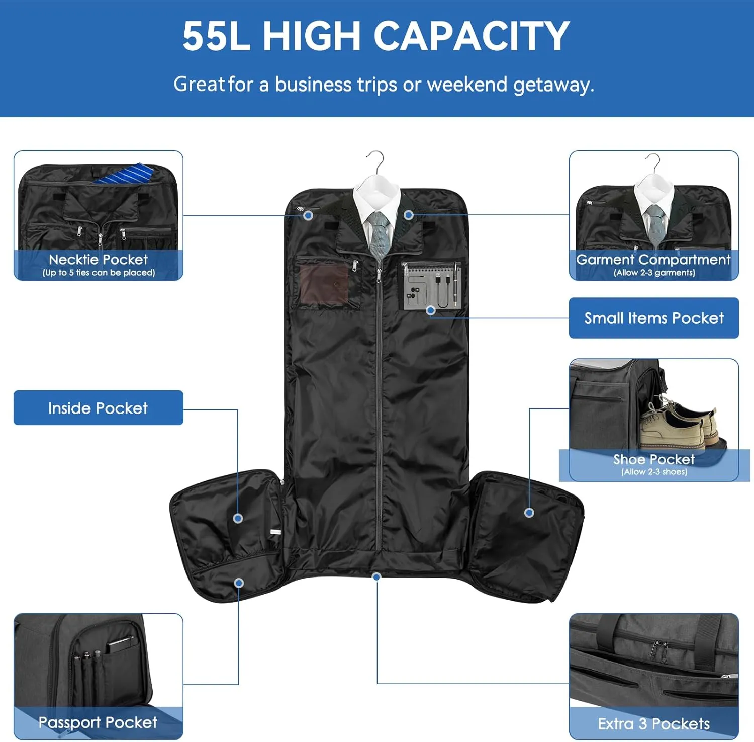 Bukere Garment Bag with Wheels, Rolling Travel Garment Duffle Bag with Shoes Compartment, Convertible 3 in 1 Suit Dress Bags for Men Women Business