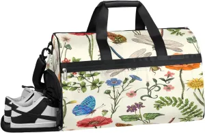 Butterfly Dragonfly Flower Resistant Sports Gym Bag for Women Men Travel Duffel bag with Wet Pocket & Shoes Compartment Waterproof Weekender Bag 19.7"x9.9"x13"