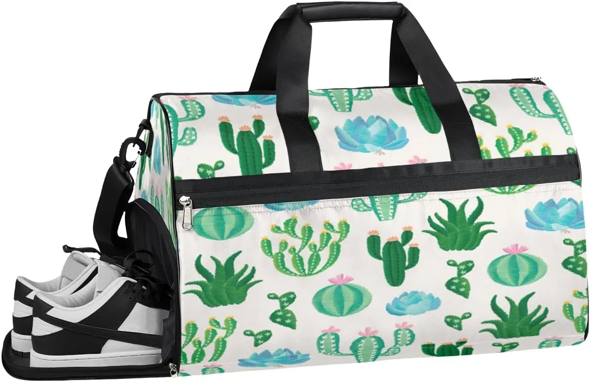 Cactus Cute Sports Gym Bag with Wet Pocket & Shoes Compartment Waterproof Workout Duffel Bag for Women and Men Weekender Overnight Duffle Bag Travel Carry-on Tote