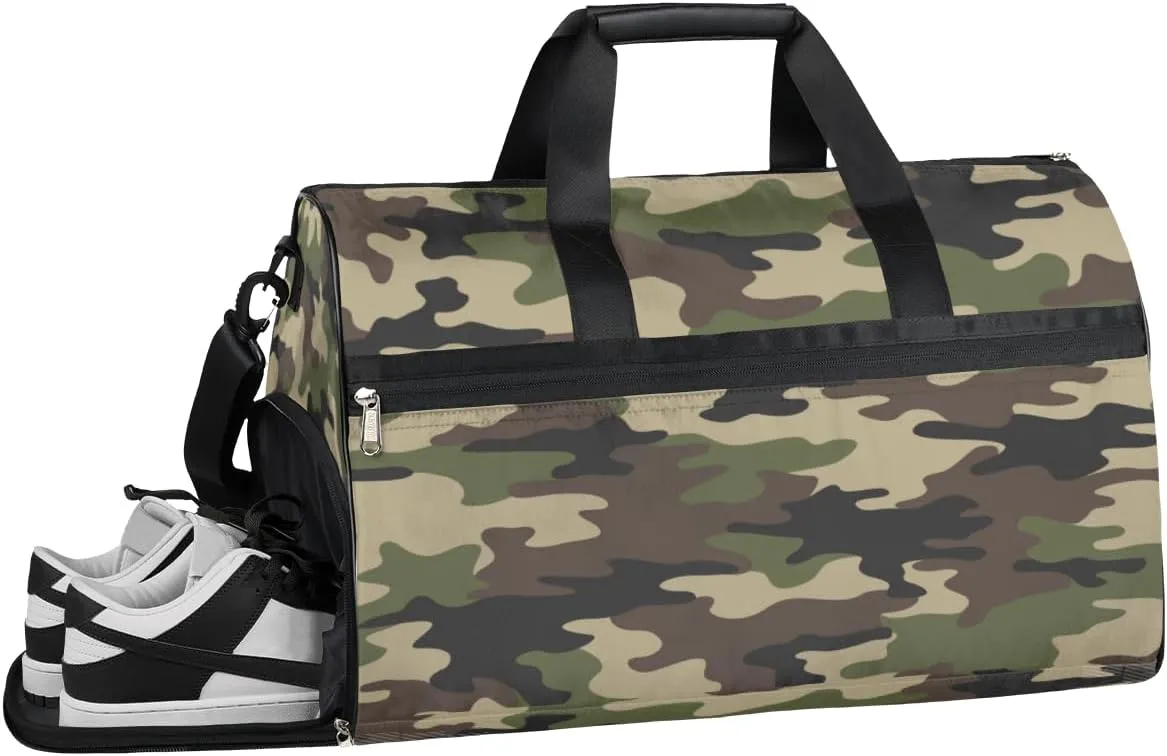 Camouflage Sports Gym Bag with Wet Pocket & Shoes Compartment Waterproof Workout Duffel Bag for Women and Men Weekender Overnight Duffle Bag Travel Carry-on Tote