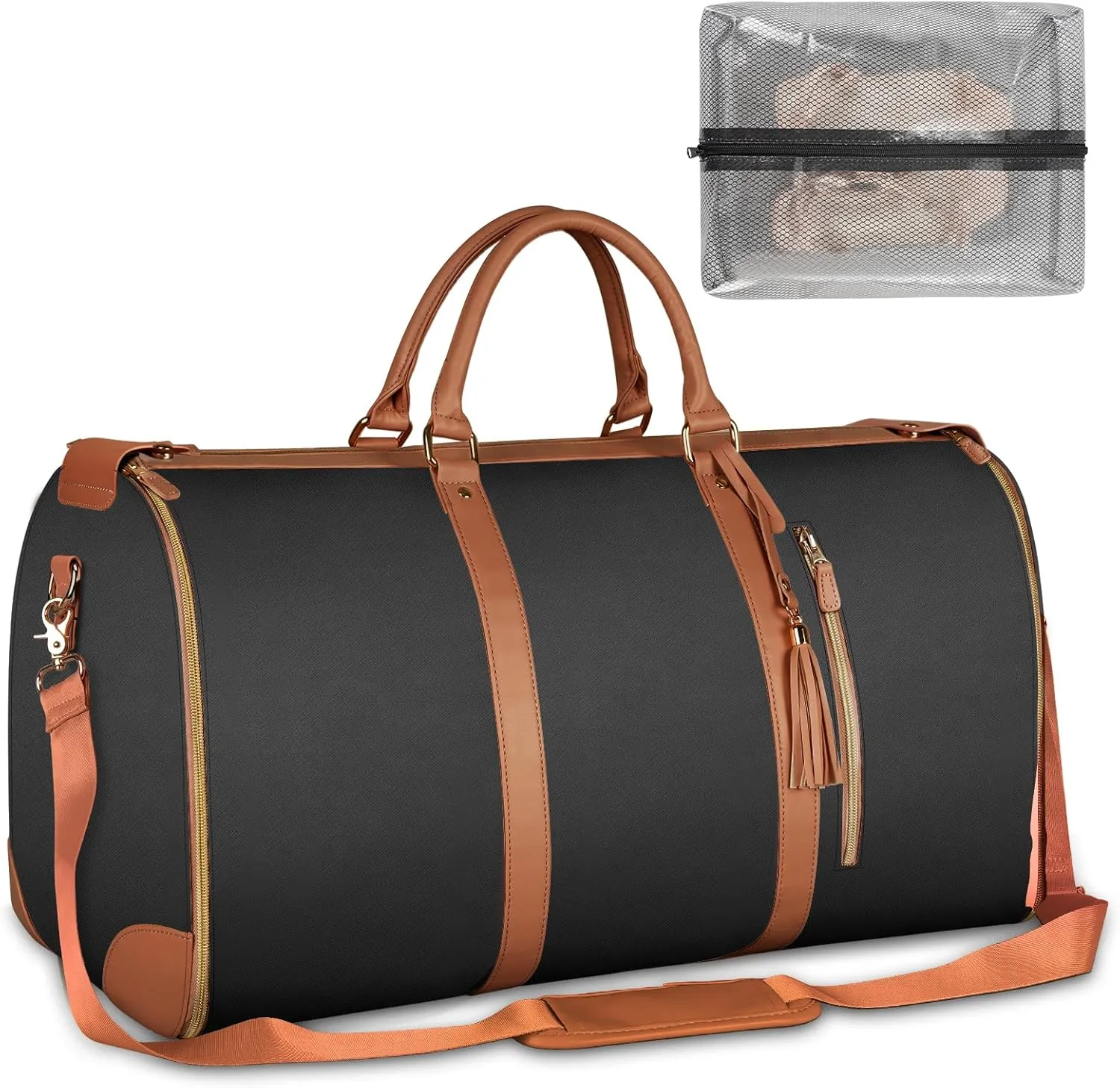 Carry On Garment Bag, Large PU Leather Duffle Bag, Black, Tote