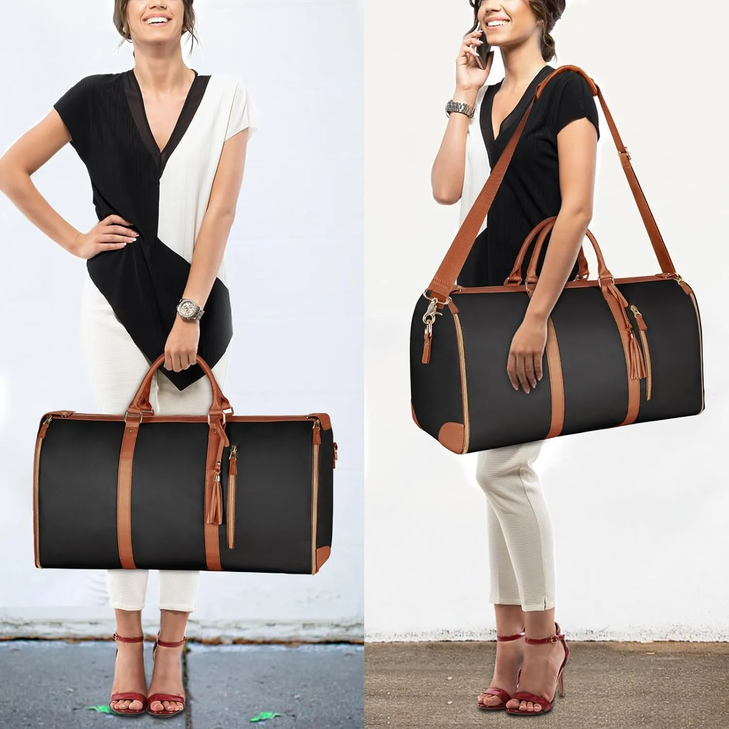 Carry On Garment Bag, Large PU Leather Duffle Bag, Black, Tote