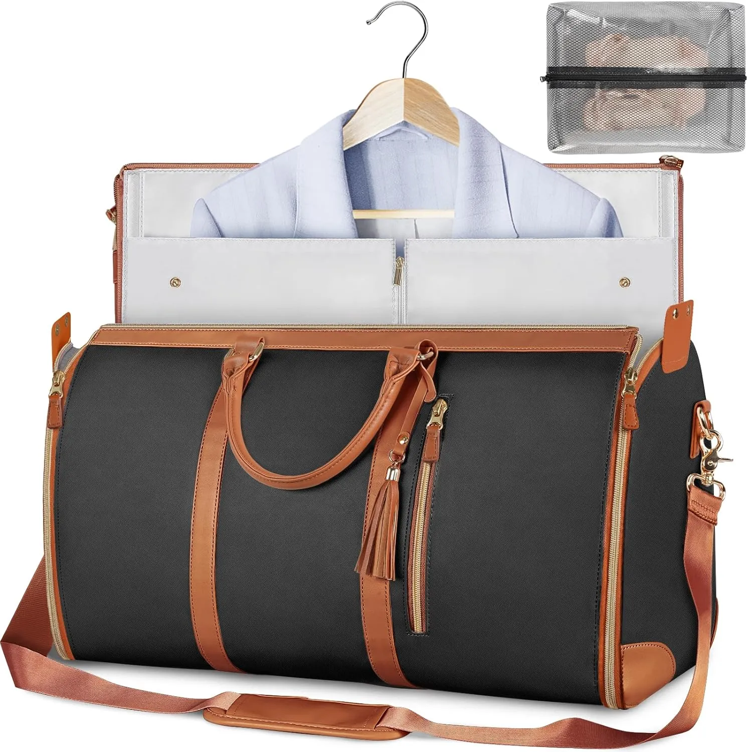 Carry On Garment Bag, Large PU Leather Duffle Bag, Black, Tote