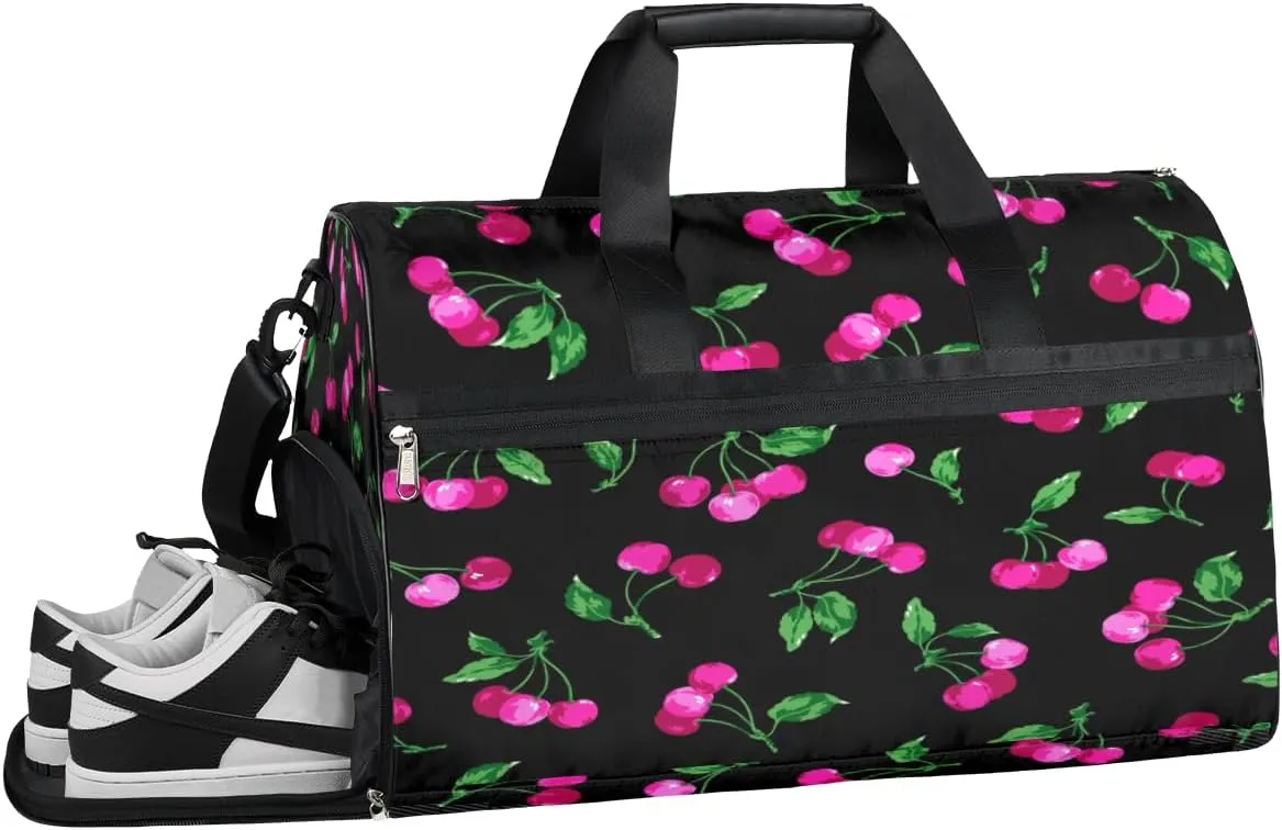 Cartoon Cherry Sports Gym Bag with Wet Pocket & Shoes Compartment Waterproof Workout Duffel Bag for Women and Men Weekender Overnight Duffle Bag Travel Carry-on Tote