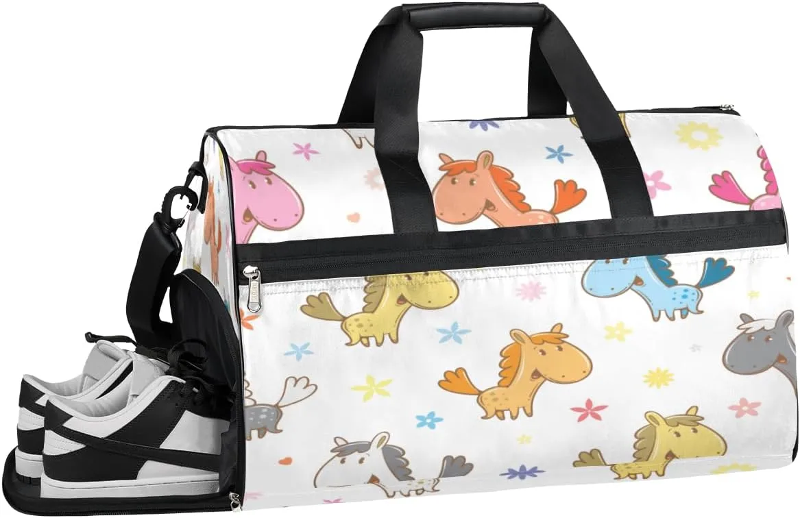 Cartoon Horse Sports Gym Bag with Wet Pocket & Shoes Compartment Waterproof Workout Duffel Bag for Women and Men Weekender Overnight Duffle Bag Travel Carry-on Tote
