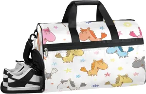 Cartoon Horse Sports Gym Bag with Wet Pocket & Shoes Compartment Waterproof Workout Duffel Bag for Women and Men Weekender Overnight Duffle Bag Travel Carry-on Tote