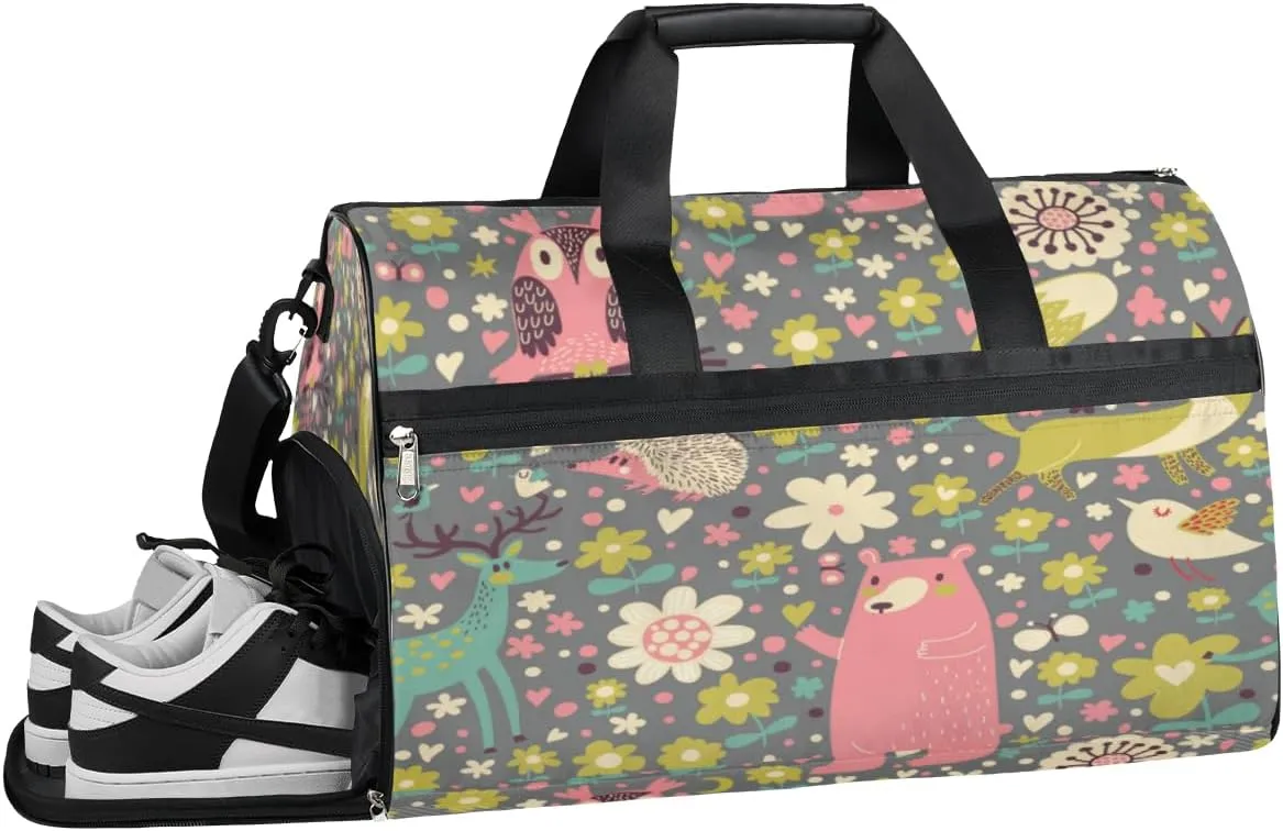 Cartoon Owl Animal Sports Gym Bag with Wet Pocket & Shoes Compartment Waterproof Workout Duffel Bag for Women and Men Weekender Overnight Duffle Bag Travel Carry-on Tote