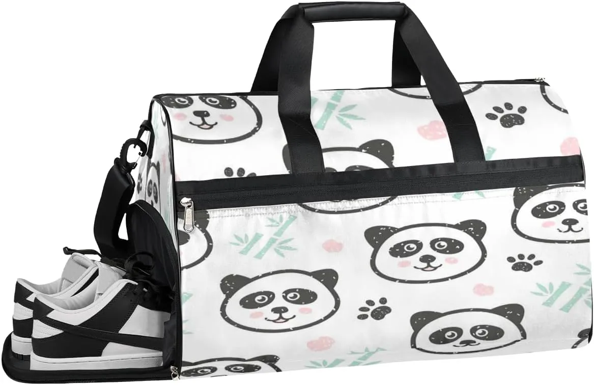 Cartoon Panda Bamboo Sports Gym Bag with Wet Pocket & Shoes Compartment Waterproof Workout Duffel Bag for Women and Men Weekender Overnight Duffle Bag Travel Carry-on Tote