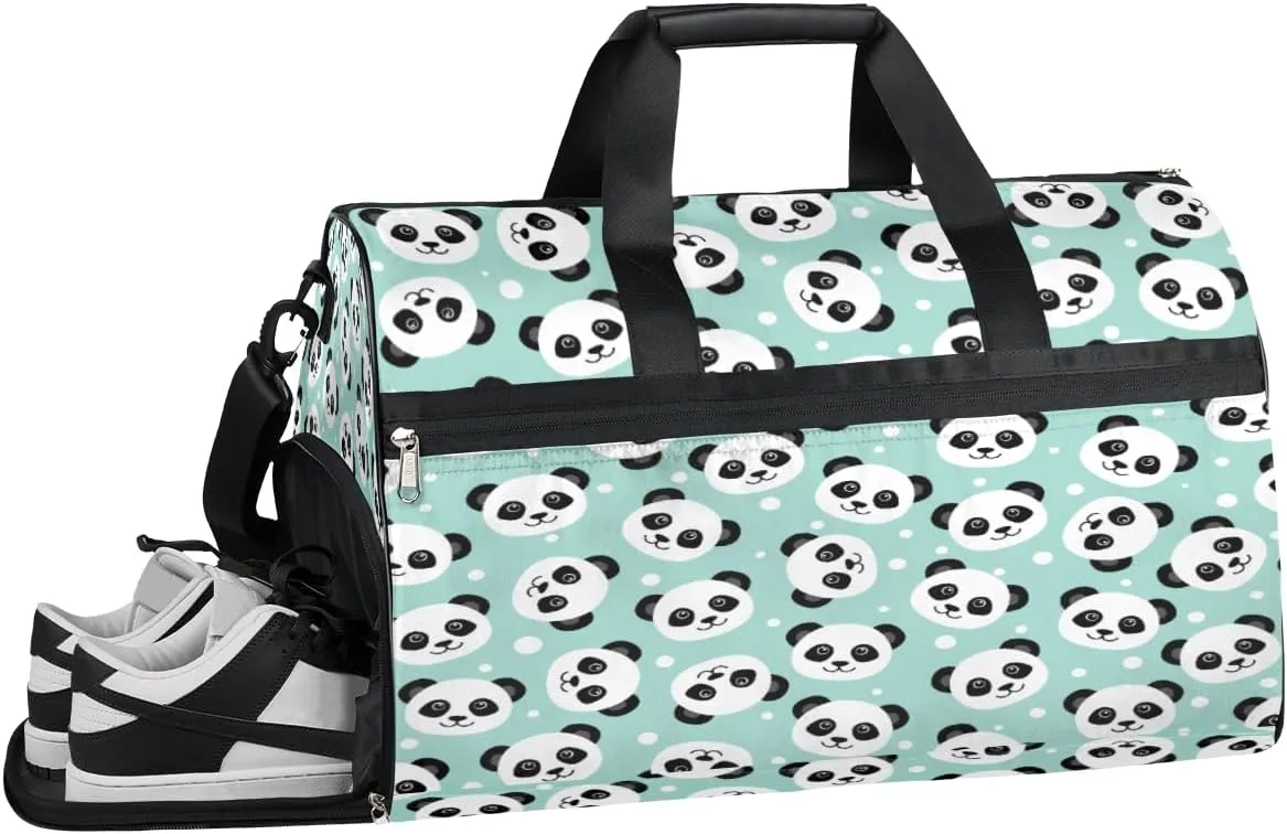 Cartoon Panda Face Resistant Sports Gym Bag for Women Men Travel Duffel bag with Wet Pocket & Shoes Compartment Waterproof Weekender Bag 19.7"x9.9"x13"