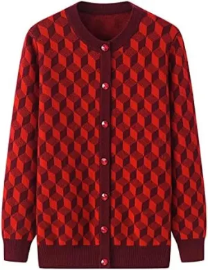 Cashmere Sweater Thickened Female Round Neck Button Cardigan Loose Sweater Knitted Sweater,Wine Red,3XL