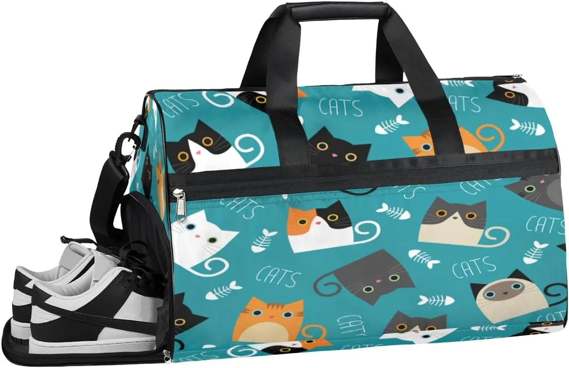 Cat Design Sports Gym Bag with Wet Pocket & Shoes Compartment Waterproof Workout Duffel Bag for Women and Men Weekender Overnight Duffle Bag Travel Carry-on Tote