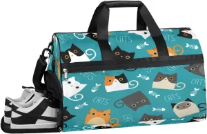 Cat Design Sports Gym Bag with Wet Pocket & Shoes Compartment Waterproof Workout Duffel Bag for Women and Men Weekender Overnight Duffle Bag Travel Carry-on Tote