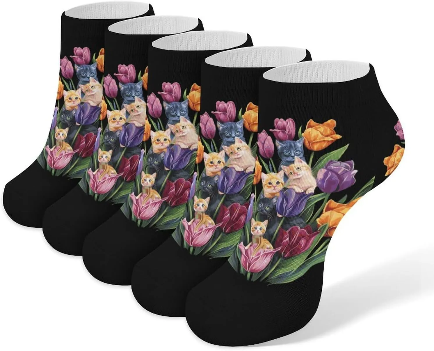 Cat Tulips-Flowers 5 Pairs Low Cut Ankle Socks for Men Women Athletic Running Socks No Show Breathable