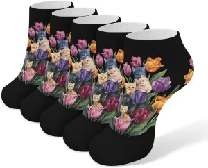Cat Tulips-Flowers 5 Pairs Low Cut Ankle Socks for Men Women Athletic Running Socks No Show Breathable