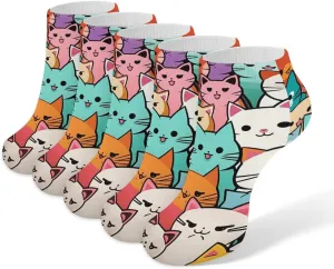 Cats Pattern 5 Pairs Low Cut Ankle Socks for Men Women Athletic Running Socks No Show Breathable