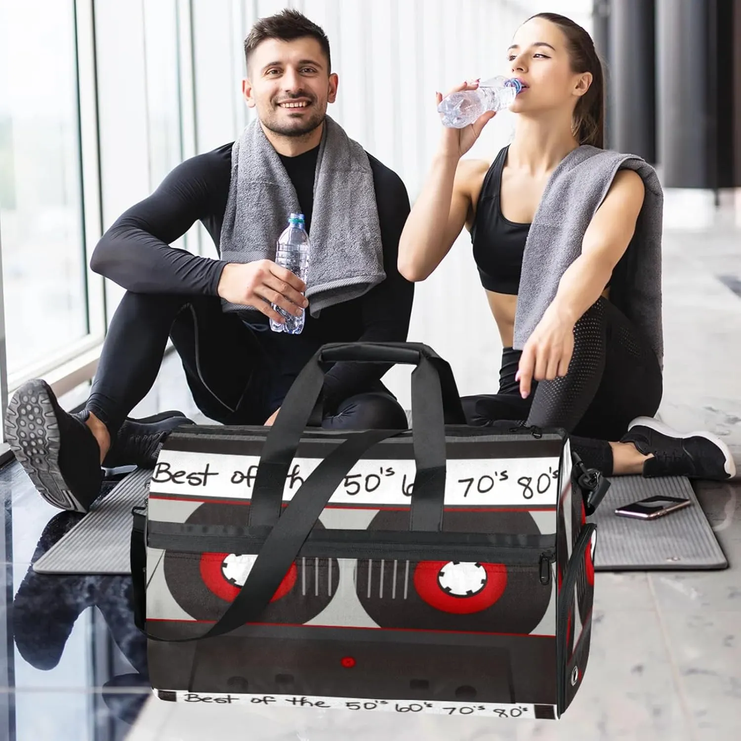 Classic Gym Bag for Womens Mens with Shoes Compartment, Cartoon Cassette Duffle Bag for Airplane Sport Gym Tote Bags Yoga Waterproof Weekender Travel Bag