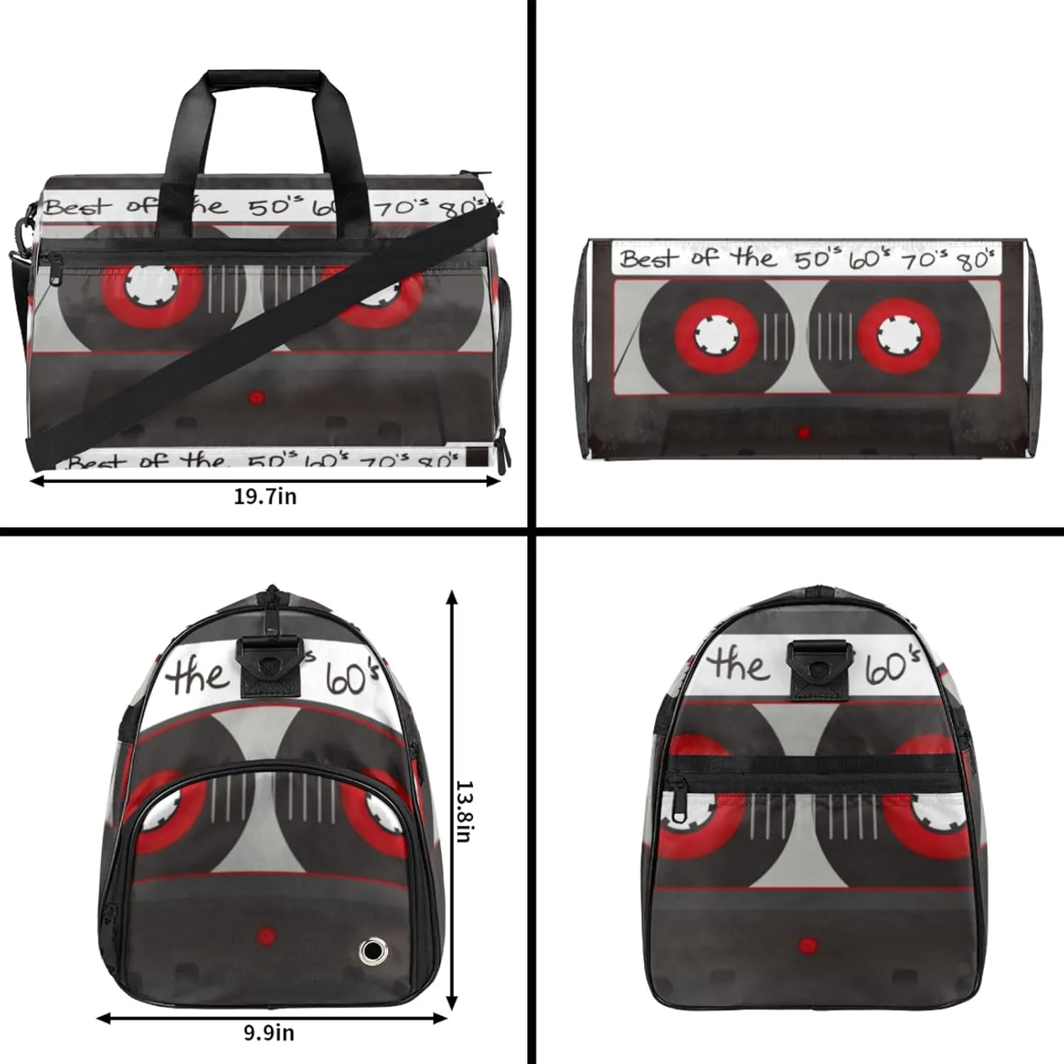 Classic Gym Bag for Womens Mens with Shoes Compartment, Cartoon Cassette Duffle Bag for Airplane Sport Gym Tote Bags Yoga Waterproof Weekender Travel Bag