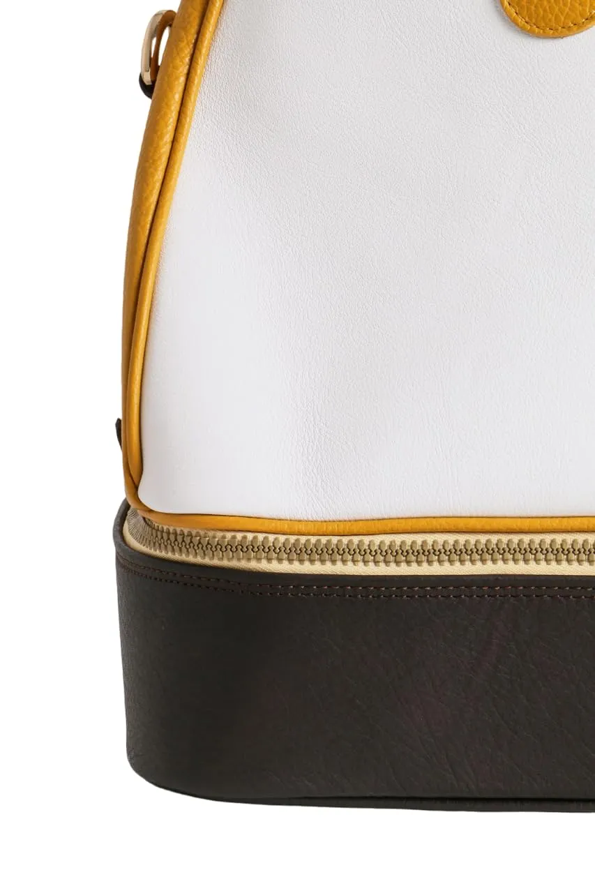 Classic Leather Duffle Bag & Shoes Compartment | Handmade to Order in Italy, Soft Pebble-Grain Waterproof Leather | Luxury Travel Sports Bag Duffel (White/Brown/Yellow)