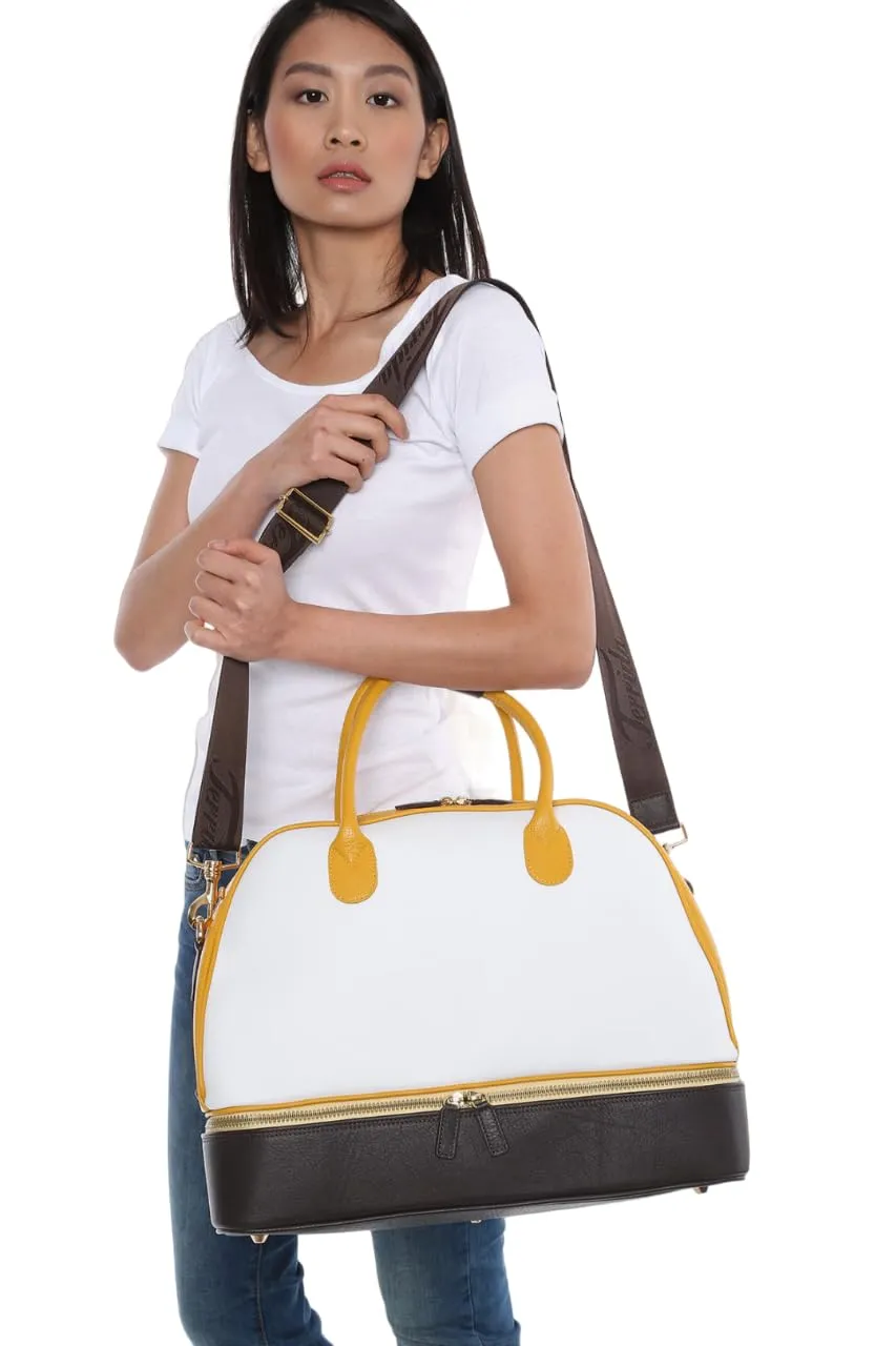 Classic Leather Duffle Bag & Shoes Compartment | Handmade to Order in Italy, Soft Pebble-Grain Waterproof Leather | Luxury Travel Sports Bag Duffel (White/Brown/Yellow)