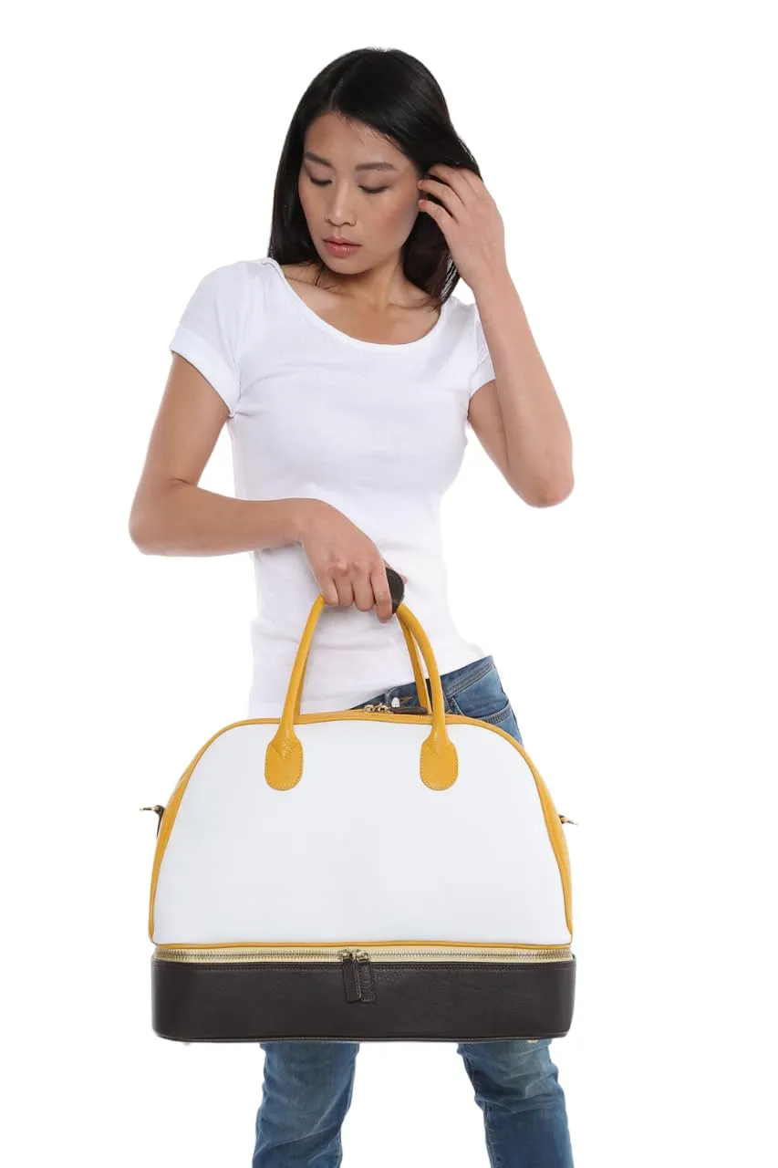 Classic Leather Duffle Bag & Shoes Compartment | Handmade to Order in Italy, Soft Pebble-Grain Waterproof Leather | Luxury Travel Sports Bag Duffel (White/Brown/Yellow)