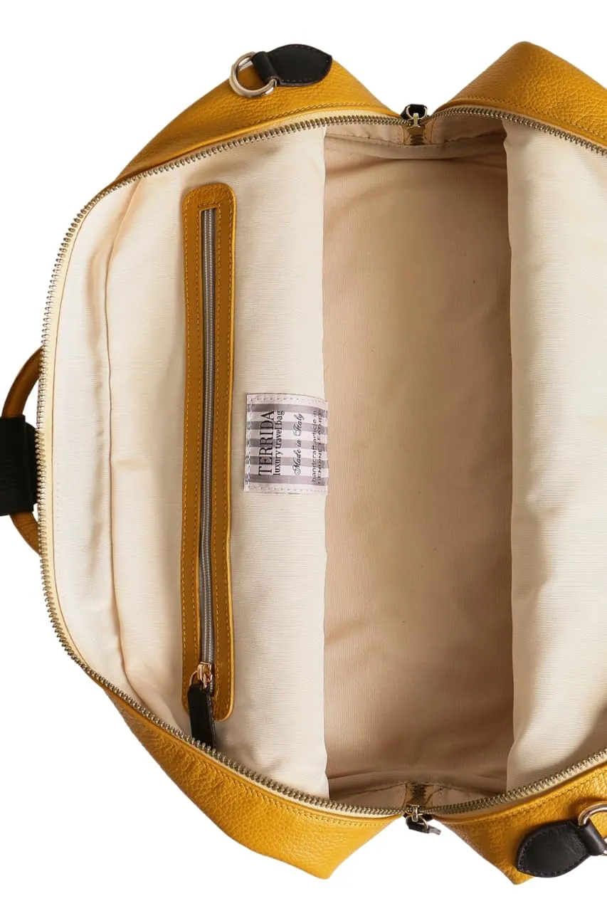 Classic Leather Duffle Bag & Shoes Compartment | Handmade to Order in Italy, Soft Pebble-Grain Waterproof Leather | Luxury Travel Sports Bag Duffel (White/Brown/Yellow)