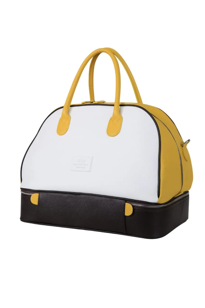 Classic Leather Duffle Bag & Shoes Compartment | Handmade to Order in Italy, Soft Pebble-Grain Waterproof Leather | Luxury Travel Sports Bag Duffel (White/Brown/Yellow)