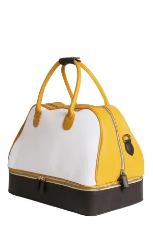 Classic Leather Duffle Bag & Shoes Compartment | Handmade to Order in Italy, Soft Pebble-Grain Waterproof Leather | Luxury Travel Sports Bag Duffel (White/Brown/Yellow)