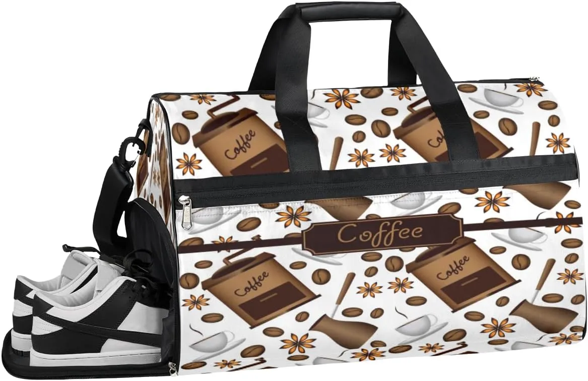 Coffee Bean Cup Pattern Sports Gym Bag with Wet Pocket & Shoes Compartment Waterproof Workout Duffel Bag for Women and Men Weekender Overnight Duffle Bag Travel Carry-on Tote