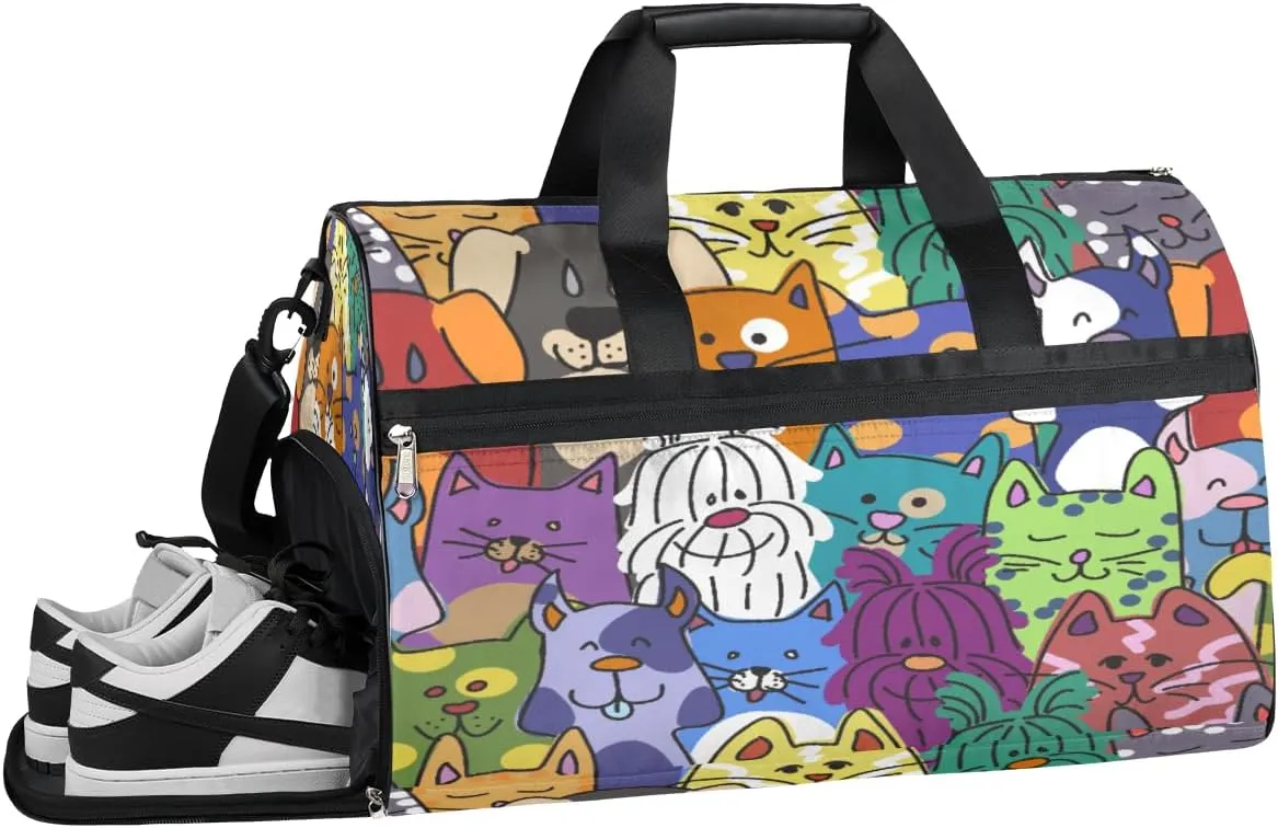 Colorful Animals Dog Cat Resistant Sports Gym Bag for Women Men Travel Duffel bag with Wet Pocket & Shoes Compartment Waterproof Weekender Bag 19.7"x9.9"x13"