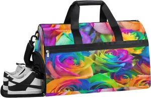 Colorful Rose Flower Resistant Sports Gym Bag for Women Men Travel Duffel bag with Wet Pocket & Shoes Compartment Waterproof Weekender Bag 19.7"x9.9"x13"