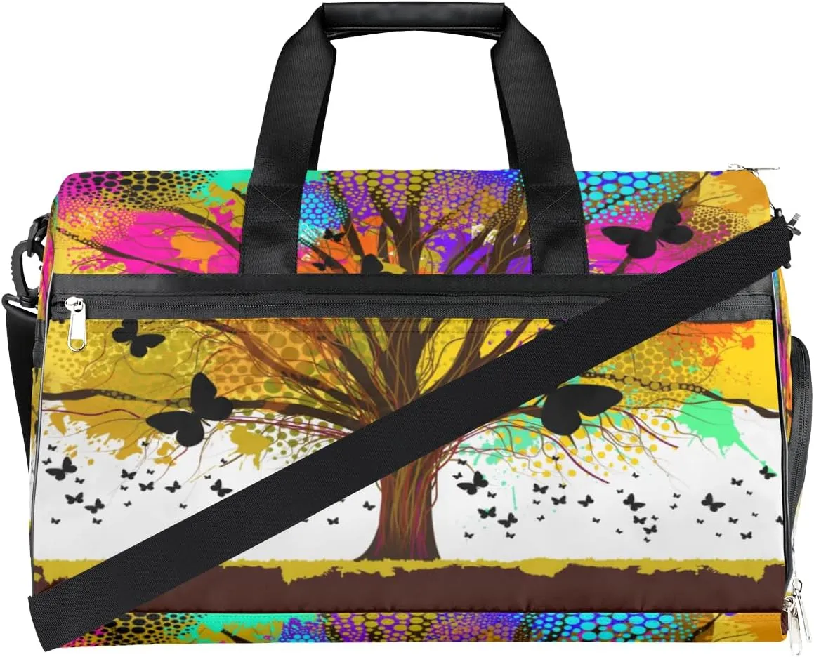 Colorful Tree Sports Gym Bag for Women Men Travel Duffel Bag with Wet Pocket & Shoes Compartment Waterproof Weekender Overnight Tote Carry on Bag Lightweight