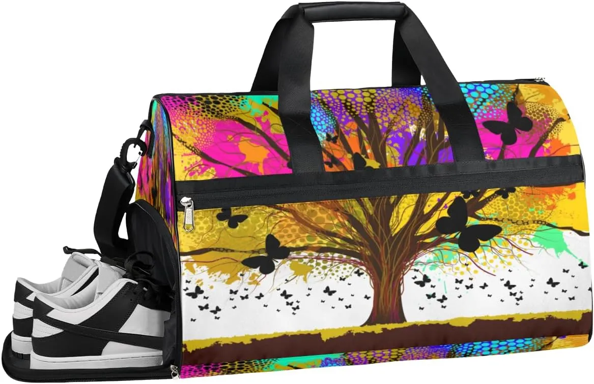 Colorful Tree Sports Gym Bag for Women Men Travel Duffel Bag with Wet Pocket & Shoes Compartment Waterproof Weekender Overnight Tote Carry on Bag Lightweight
