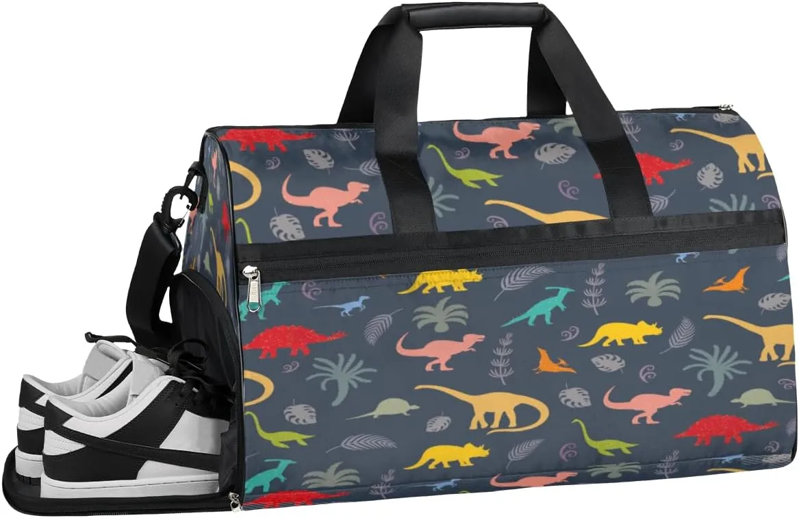 Colourful Dinosaur Style Sports Gym Bag with Wet Pocket & Shoes Compartment Waterproof Workout Duffel Bag for Women and Men Weekender Overnight Duffle Bag Travel Carry-on Tote