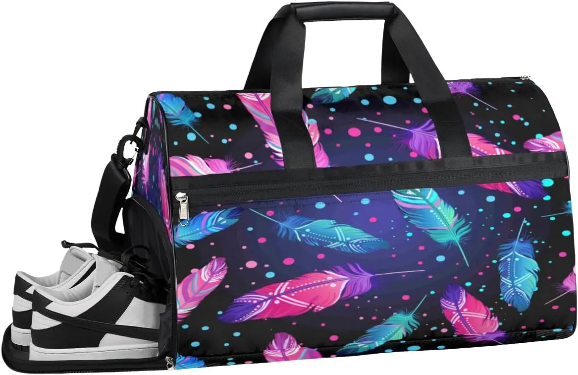 Colourful Feather Pattern Sports Gym Bag with Wet Pocket & Shoes Compartment Waterproof Workout Duffel Bag for Women and Men Weekender Overnight Duffle Bag Travel Carry-on Tote