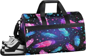 Colourful Feather Pattern Sports Gym Bag with Wet Pocket & Shoes Compartment Waterproof Workout Duffel Bag for Women and Men Weekender Overnight Duffle Bag Travel Carry-on Tote