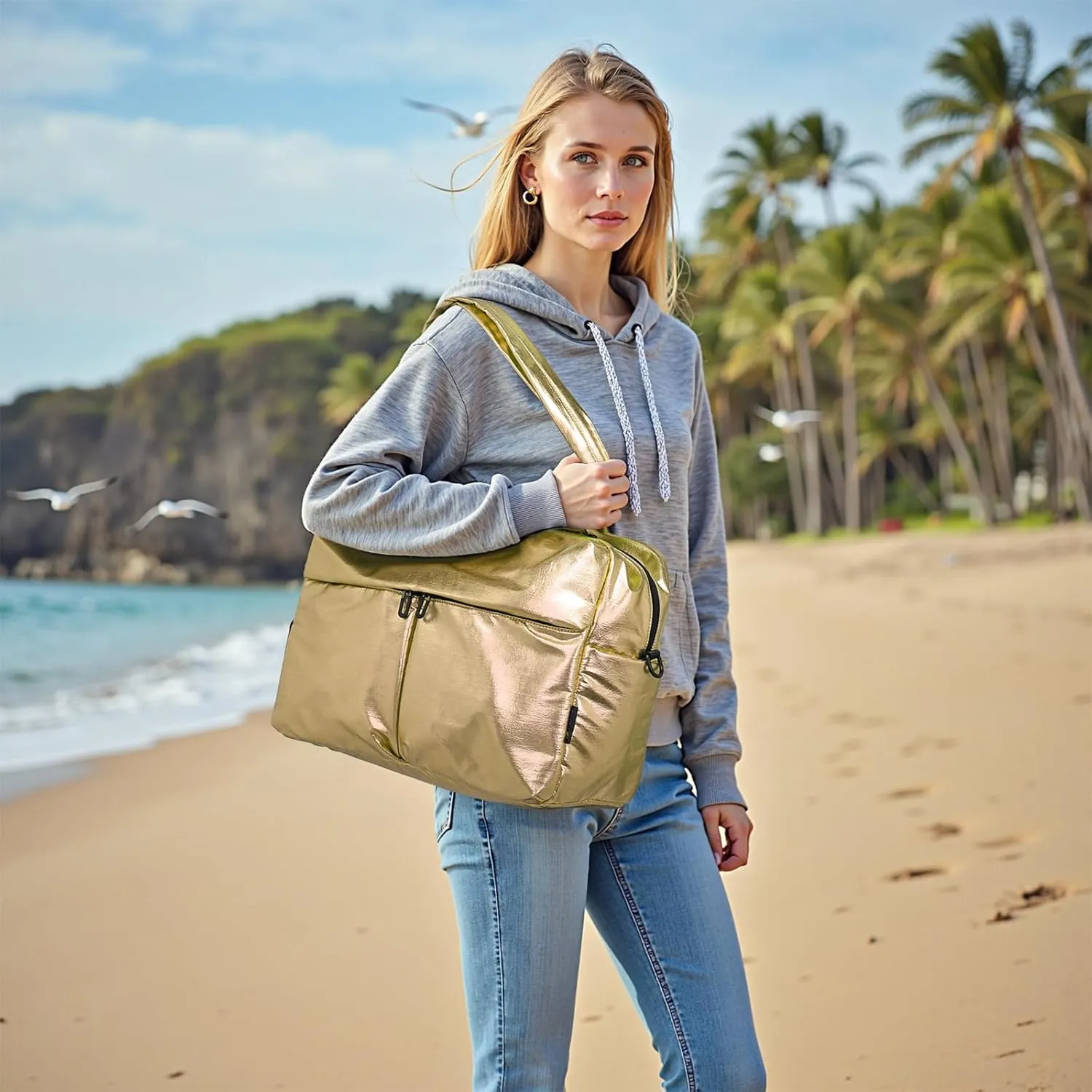 Compact Travel Duffel Bag for Women, 30L Gym Bag - Stylish Weekender Bag with Shoe Pocket, TSA-Approved Carry-On for Airplane, Fitness, Weekend Getaway(Gold)