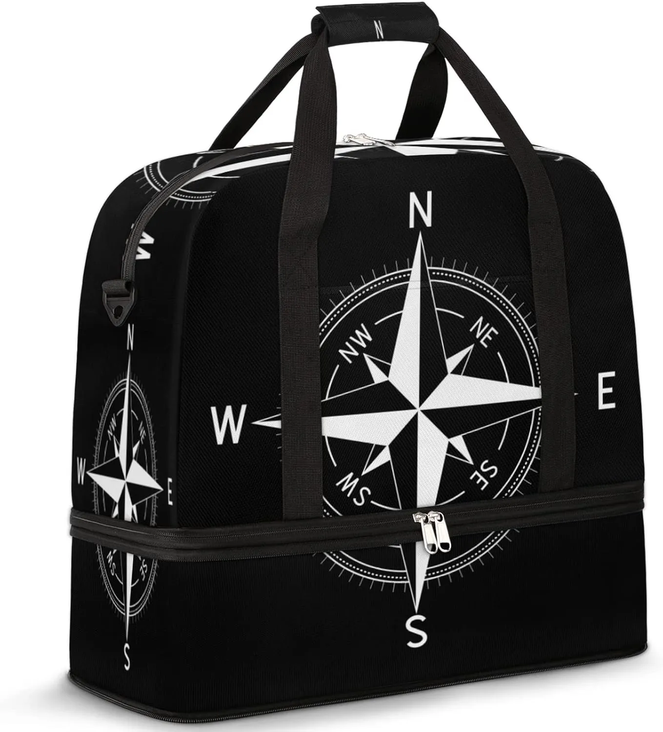 Compass Foldable Travel Duffel Bag Tote Carry on Luggage Sport Duffle for Women Men Gym Bag Overnight Weekender Bags with Shoe Compartments and Shoulder Strap