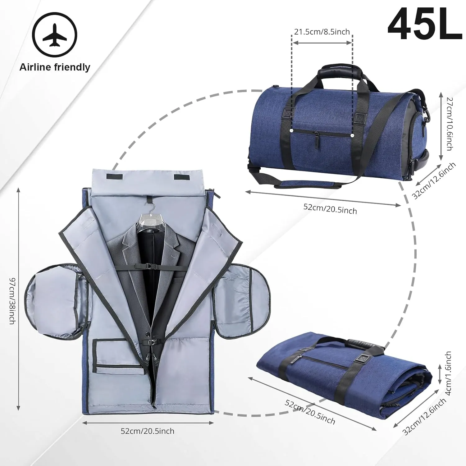 Convertible Garment Bag with Shoe Compartment,Carry on with Backpack Straps,3 in 1 Hanging Suitcase Suit,Navy Blue