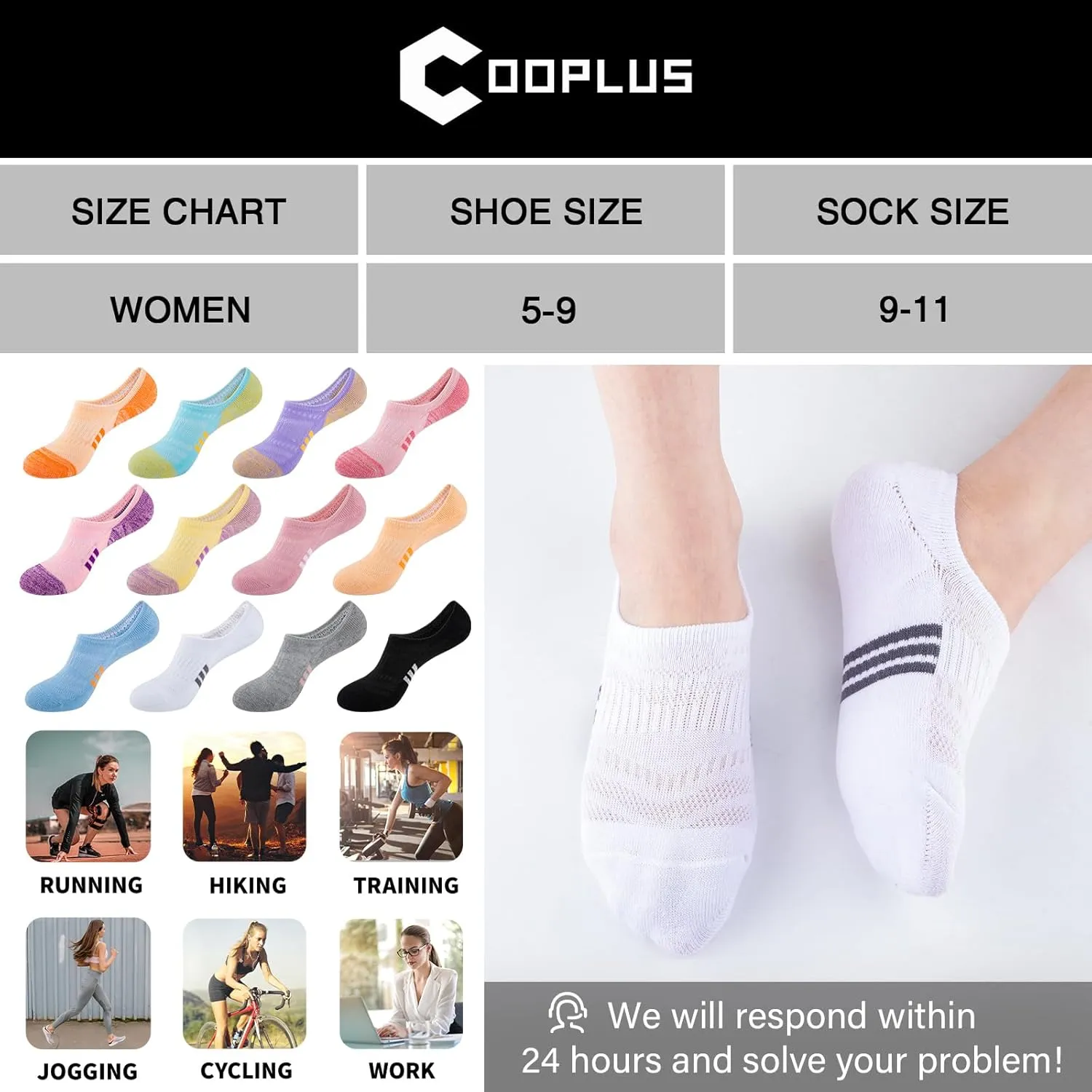 COOPLUS No Show Socks Womens Athletic Cushioned Cotton Low Cut Non Slip Running Invisible Socks (6 Pairs)