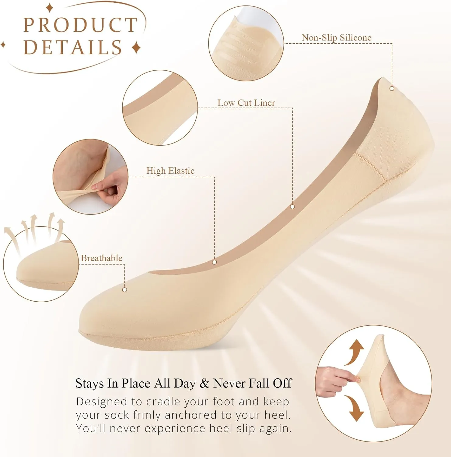 COOPLUS No Show Socks Womens Cotton Non Slip Low Cut Liner Socks Thin Invisible Socks for Flats Loafers 6 Pairs