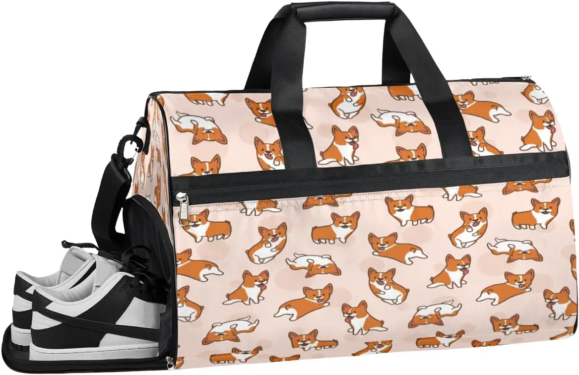 Corgis Dog Animal Sports Gym Bag with Wet Pocket & Shoes Compartment Waterproof Workout Duffel Bag for Women and Men Weekender Overnight Duffle Bag Travel Carry-on Tote
