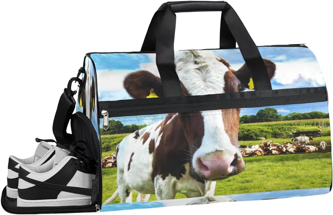 Cow Animal Sports Gym Bag with Wet Pocket & Shoes Compartment Waterproof Workout Duffel Bag for Women and Men Weekender Overnight Duffle Bag Travel Carry-on Tote