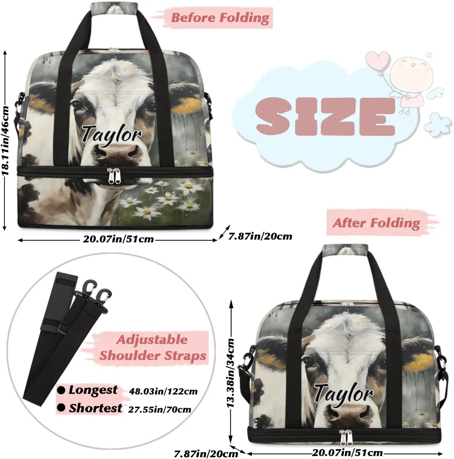 Customized Gym Bag for Women, Personalized Animal Cow Travel Duffel Bag with Name, Cow Weekender Overnight Bag with Shoes Compartment for Men Travel Yoga