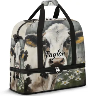 Customized Gym Bag for Women, Personalized Animal Cow Travel Duffel Bag with Name, Cow Weekender Overnight Bag with Shoes Compartment for Men Travel Yoga
