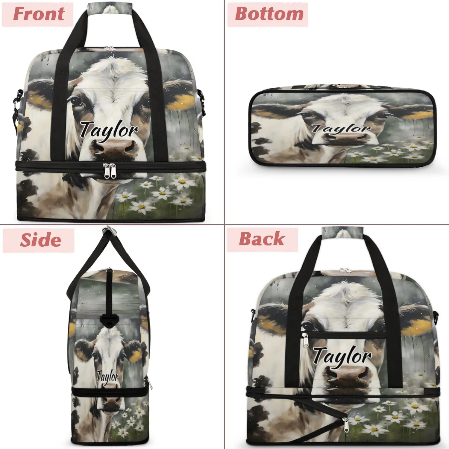 Customized Gym Bag for Women, Personalized Animal Cow Travel Duffel Bag with Name, Cow Weekender Overnight Bag with Shoes Compartment for Men Travel Yoga