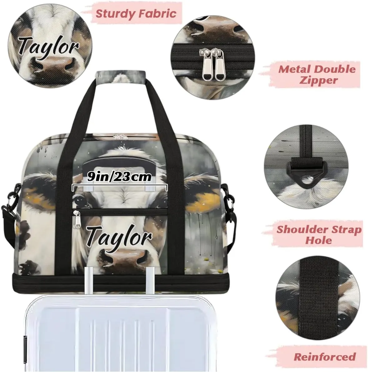 Customized Gym Bag for Women, Personalized Animal Cow Travel Duffel Bag with Name, Cow Weekender Overnight Bag with Shoes Compartment for Men Travel Yoga